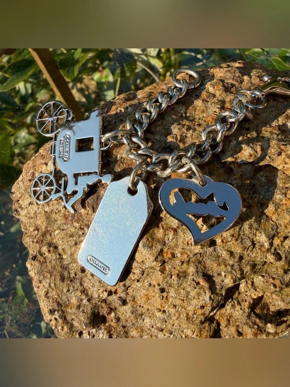 COACH Vintage Silver-Tone Horse & Carriage Multi-Charm Chain Keychain Bag Charm